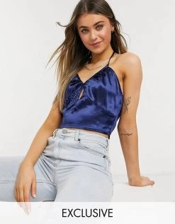 Wednesday's Girl Halter Neck Crop Top In Midnight Satin For Women Navy Satin