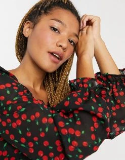 Wednesday's Girl Milkmaid Top In Cherry Print For Women Black Red Cherry -Wednesday's Girl Sales 2022 unnamed file 1537