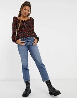 Wednesday's Girl Milkmaid Top In Cherry Print For Women Black Red Cherry -Wednesday's Girl Sales 2022 unnamed file 1538