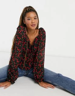 Wednesday's Girl Milkmaid Top In Cherry Print For Women Black Red Cherry -Wednesday's Girl Sales 2022 unnamed file 1539