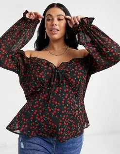 Wednesday's Girl Curve Milkmaid Top In Cherry Print For Women Black Red Cherry -Wednesday's Girl Sales 2022 unnamed file 1542