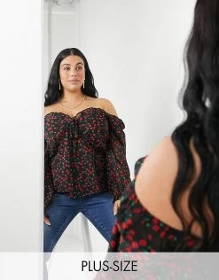 Wednesday's Girl Curve Milkmaid Top In Cherry Print For Women Black Red Cherry -Wednesday's Girl Sales 2022 unnamed file 1544