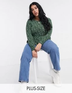 Wednesday's Girl Curve Relaxed Smock Top With Peplum Hem In Ditsy Floral Print For Women Dark Green Floral