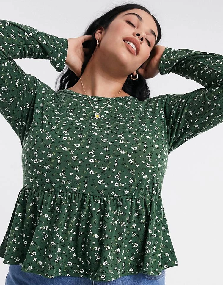 Wednesday's Girl Curve Relaxed Smock Top With Peplum Hem In Ditsy Floral Print For Women Dark Green Floral 5 Wednesday's Girl Curve Relaxed Smock Top With Peplum Hem In Ditsy Floral Print For Women Dark Green Floral - Image 3