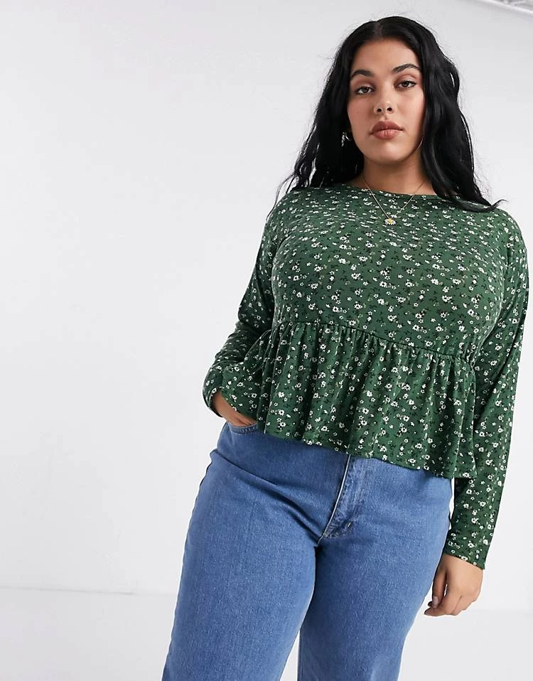 Wednesday's Girl Curve Relaxed Smock Top With Peplum Hem In Ditsy Floral Print For Women Dark Green Floral 6 Wednesday's Girl Curve Relaxed Smock Top With Peplum Hem In Ditsy Floral Print For Women Dark Green Floral - Image 4