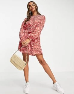 Wednesday's Girl Long Sleeve Tie Waist Swing Dress In Red Ditsy Floral For Women -Wednesday's Girl Sales 2022 unnamed file 159