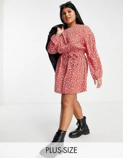 Wednesday's Girl Curve Long Sleeve Tie Waist Swing Dress In Red Ditsy Floral For Women