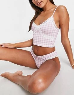 Wednesday's Girl Longline Bralet And Briefs Set In Gingham With Lace Trim For Women Lilac White Gingham -Wednesday's Girl Sales 2022 unnamed file 1626