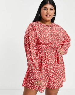 Wednesday's Girl Curve Long Sleeve Tie Waist Swing Dress In Red Ditsy Floral For Women -Wednesday's Girl Sales 2022 unnamed file 163