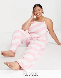 Wednesday's Girl Curve Cami And Trousers Pyjama Set In Candy Stripe For Women Candy Pink Stripe