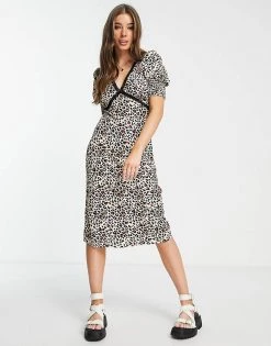 Wednesday's Girl V-neck Midi Tea Dress In Leopard With Lace Trim For Women