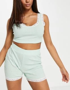 Wednesday's Girl Crop Top And Shorts Pyjama Set In Sage Rib Jersey For Women