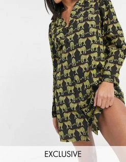 Wednesday's Girl Relaxed Pyjama Night Dress In Tiger Print For Women Black Tiger