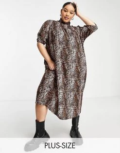 Wednesday's Girl Curve High Neck Midi Smock Dress With Shirring In Grunge Leopard For Women