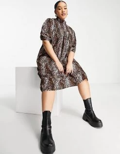 Wednesday's Girl Curve High Neck Midi Smock Dress With Shirring In Grunge Leopard For Women -Wednesday's Girl Sales 2022 unnamed file 173