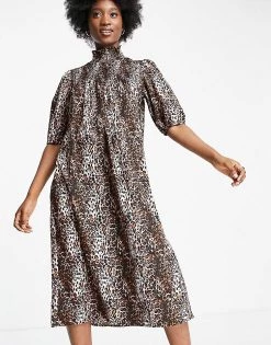 Wednesday's Girl High Neck Midi Smock Dress With Shirring In Grunge Leopard For Women