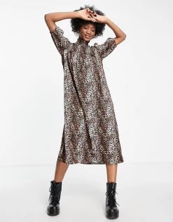 Wednesday's Girl High Neck Midi Smock Dress With Shirring In Grunge Leopard For Women -Wednesday's Girl Sales 2022 unnamed file 177