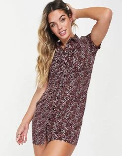 Wednesday's Girl Mini Shirt Dress With Ruching In Retro Floral For Women Brown Retro -Wednesday's Girl Sales 2022 unnamed file 189