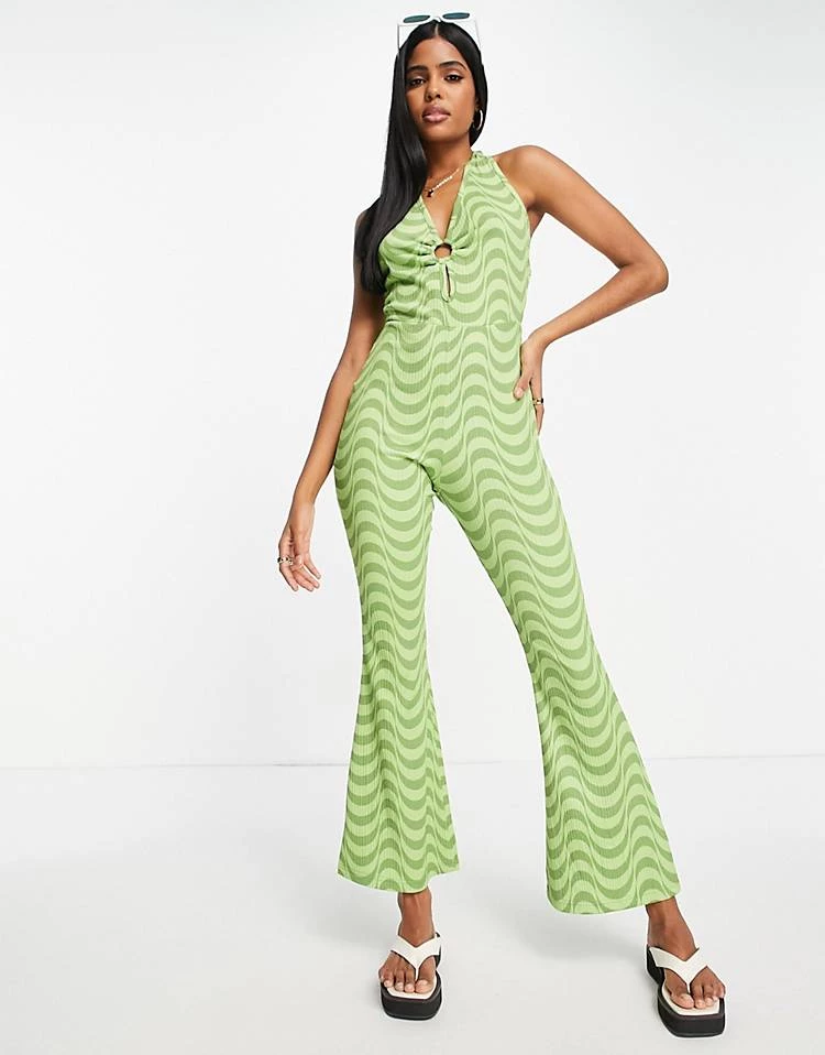 Wednesday's Girl Halter Neck Wide Leg Jumpsuit With Ring Detail In Green Wavy Print For Women Green Wave 3 Wednesday's Girl Halter Neck Wide Leg Jumpsuit With Ring Detail In Green Wavy Print For Women Green Wave