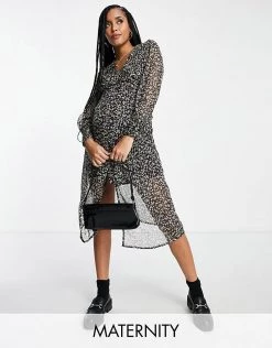 Wednesday's Girl Maternity V-neck Midi Tea Dress In Dark Ditsy Floral For Women Black Ditsy