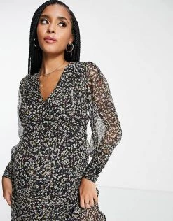 Wednesday's Girl Maternity V-neck Midi Tea Dress In Dark Ditsy Floral For Women Black Ditsy -Wednesday's Girl Sales 2022 unnamed file 202