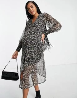 Wednesday's Girl Maternity V-neck Midi Tea Dress In Dark Ditsy Floral For Women Black Ditsy -Wednesday's Girl Sales 2022 unnamed file 203