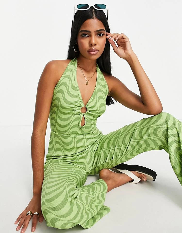 Wednesday's Girl Halter Neck Wide Leg Jumpsuit With Ring Detail In Green Wavy Print For Women Green Wave 4 Wednesday's Girl Halter Neck Wide Leg Jumpsuit With Ring Detail In Green Wavy Print For Women Green Wave - Image 2