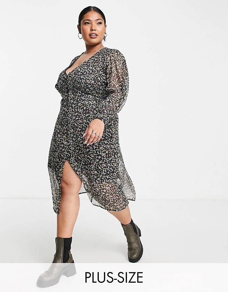 Wednesday's Girl Curve V-neck Midi Tea Dress In Dark Ditsy Floral For Women Black Ditsy 3 Wednesday's Girl Curve V-neck Midi Tea Dress In Dark Ditsy Floral For Women Black Ditsy