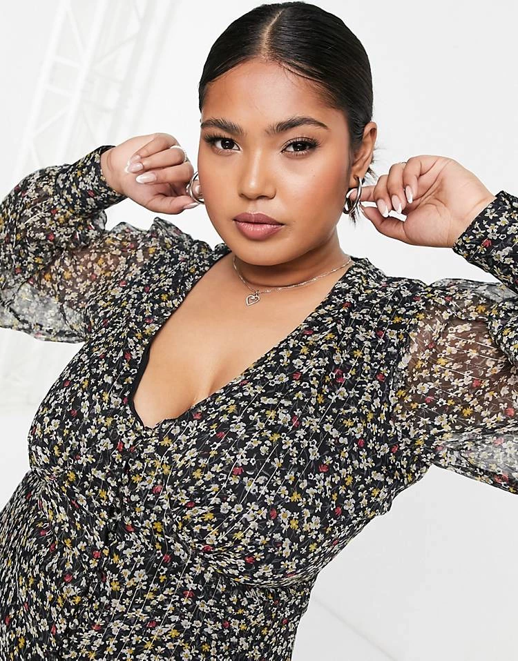 Wednesday's Girl Curve V-neck Midi Tea Dress In Dark Ditsy Floral For Women Black Ditsy 4 Wednesday's Girl Curve V-neck Midi Tea Dress In Dark Ditsy Floral For Women Black Ditsy - Image 2