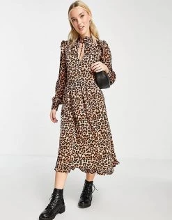 Wednesday's Girl High Neck Midi Smock Dress With Frill Detail In Leopard For Women -Wednesday's Girl Sales 2022 unnamed file 223