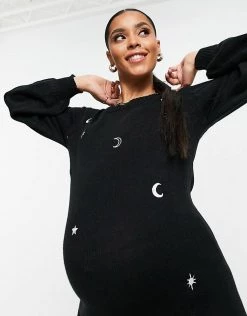 Wednesday's Girl Maternity Relaxed Jumper Dress With Celestial Embroidery For Women Black -Wednesday's Girl Sales 2022 unnamed file 227