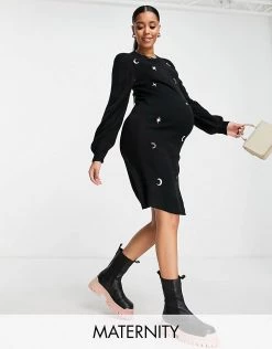 Wednesday's Girl Maternity Relaxed Jumper Dress With Celestial Embroidery For Women Black -Wednesday's Girl Sales 2022 unnamed file 229