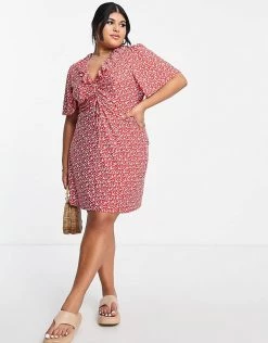 Wednesday's Girl Curve Ruched Front V-neck Flippy Tea Dress In Red Ditsy For Women -Wednesday's Girl Sales 2022 unnamed file 237