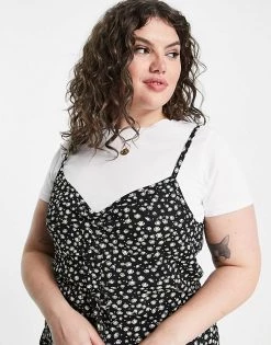 Wednesday's Girl Curve 2 In 1 Cami Mini Dress With T-shirt In Black Ditsy For Women -Wednesday's Girl Sales 2022 unnamed file 243