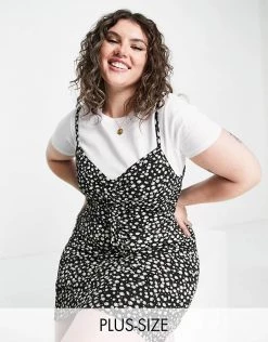 Wednesday's Girl Curve 2 In 1 Cami Mini Dress With T-shirt In Black Ditsy For Women -Wednesday's Girl Sales 2022 unnamed file 244
