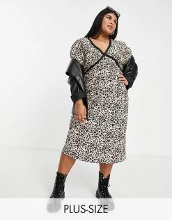 Wednesday's Girl Curve V-neck Midi Tea Dress In Leopard With Lace Trim For Women