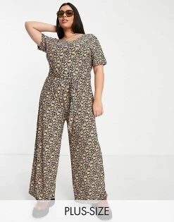 Wednesday's Girl Curve Relaxed Belted Jumpsuit With Wide Leg In Black Floral For Women Black Base Floral