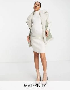 Wednesday's Girl Maternity Relaxed Jumper Dress In Rib Knit For Women Cream