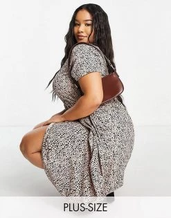 Wednesday's Girl Curve Midi Smock Dress In Smudge Spot Print For Women Beige Smudge Spot