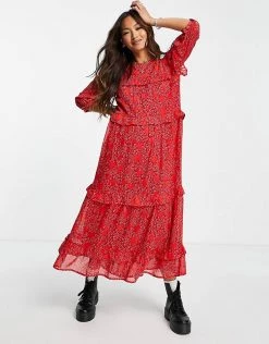 Wednesday's Girl Frill Detail Midi Smock Dress In Red Heart Print For Women