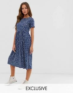 Wednesday's Girl Midi Smock Dress In Smudge Spot Print For Women Navy White Spot