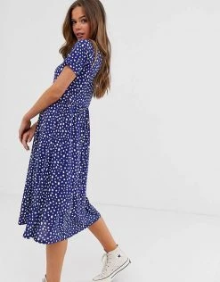 Wednesday's Girl Midi Smock Dress In Smudge Spot Print For Women Navy White Spot -Wednesday's Girl Sales 2022 unnamed file 293