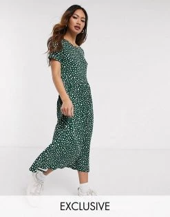 Wednesday's Girl Midi Smock Dress In Smudge Spot Print For Women Forest Green