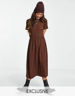 Wednesday's Girl Midi Smock Dress In Smudge Spot Print For Women Chocolate -Wednesday's Girl Sales 2022 unnamed file 319