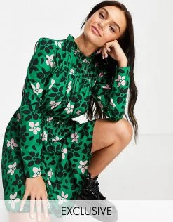 Wednesday's Girl High Neck Ruched Bust Long Sleeve Mini Tea Dress In Green Floral For Women