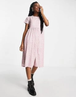 Wednesday's Girl Midi Smock Dress In Smudge Spot Print For Women Splater Dusty Rose