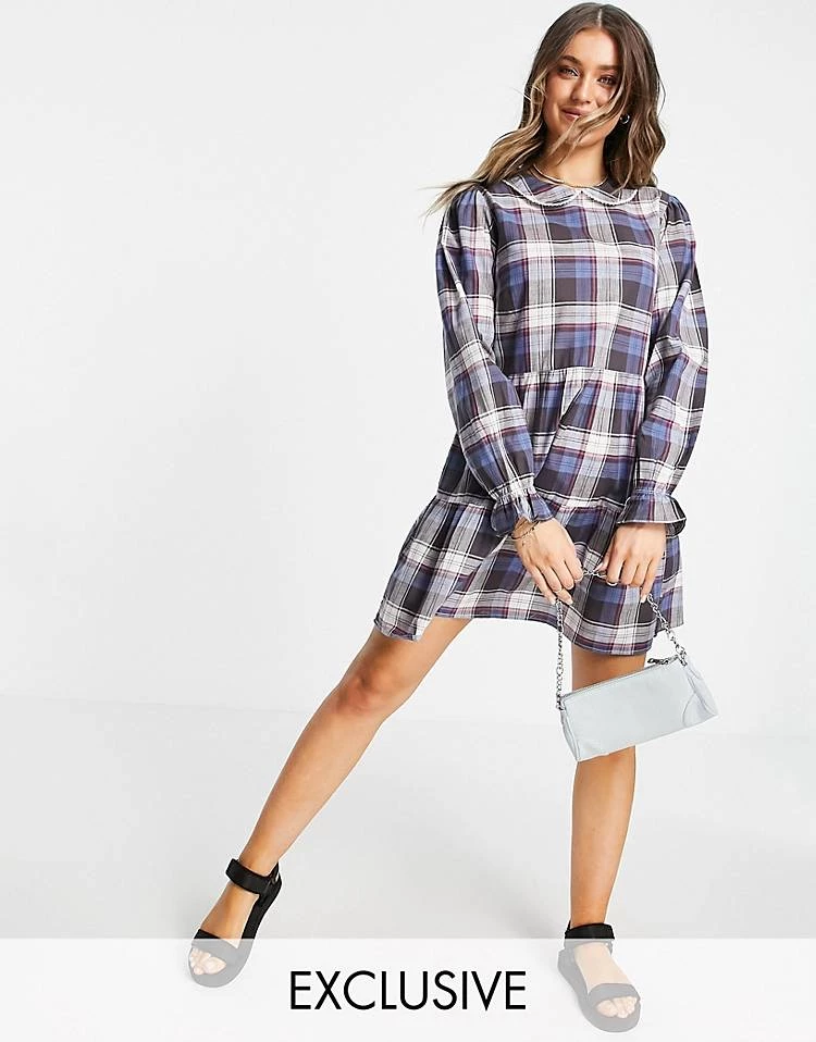 Wednesday's Girl Mini Smock Dress With Tiered Skirt And Collar In Vintage Check For Women Navy Black Check 3 Wednesday's Girl Mini Smock Dress With Tiered Skirt And Collar In Vintage Check For Women Navy Black Check