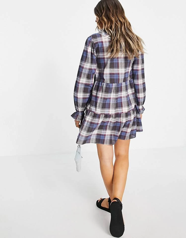 Wednesday's Girl Mini Smock Dress With Tiered Skirt And Collar In Vintage Check For Women Navy Black Check 4 Wednesday's Girl Mini Smock Dress With Tiered Skirt And Collar In Vintage Check For Women Navy Black Check - Image 2