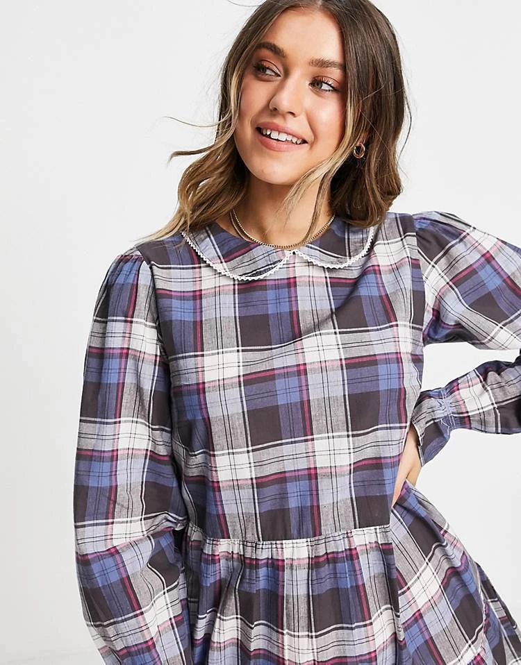 Wednesday's Girl Mini Smock Dress With Tiered Skirt And Collar In Vintage Check For Women Navy Black Check 5 Wednesday's Girl Mini Smock Dress With Tiered Skirt And Collar In Vintage Check For Women Navy Black Check - Image 3
