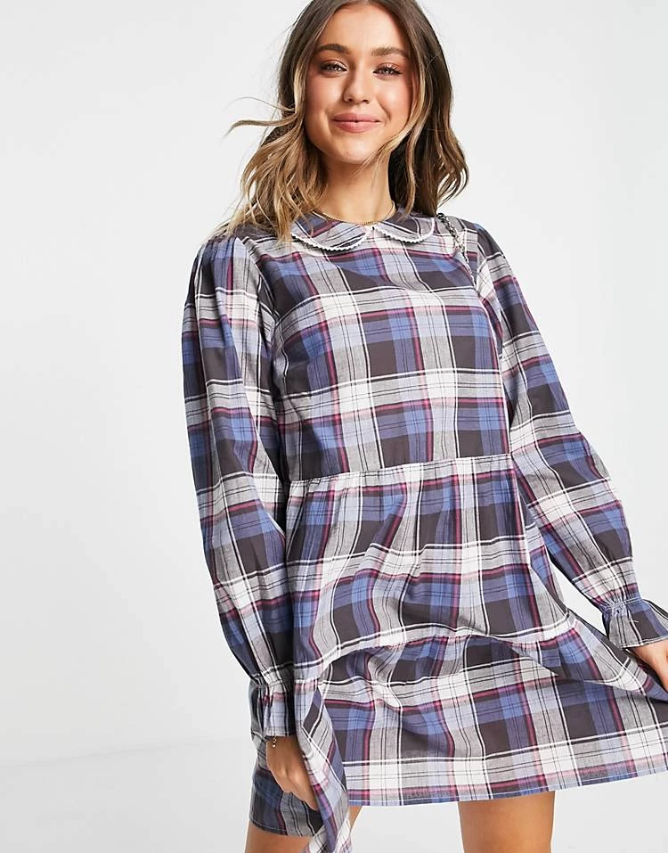 Wednesday's Girl Mini Smock Dress With Tiered Skirt And Collar In Vintage Check For Women Navy Black Check 6 Wednesday's Girl Mini Smock Dress With Tiered Skirt And Collar In Vintage Check For Women Navy Black Check - Image 4